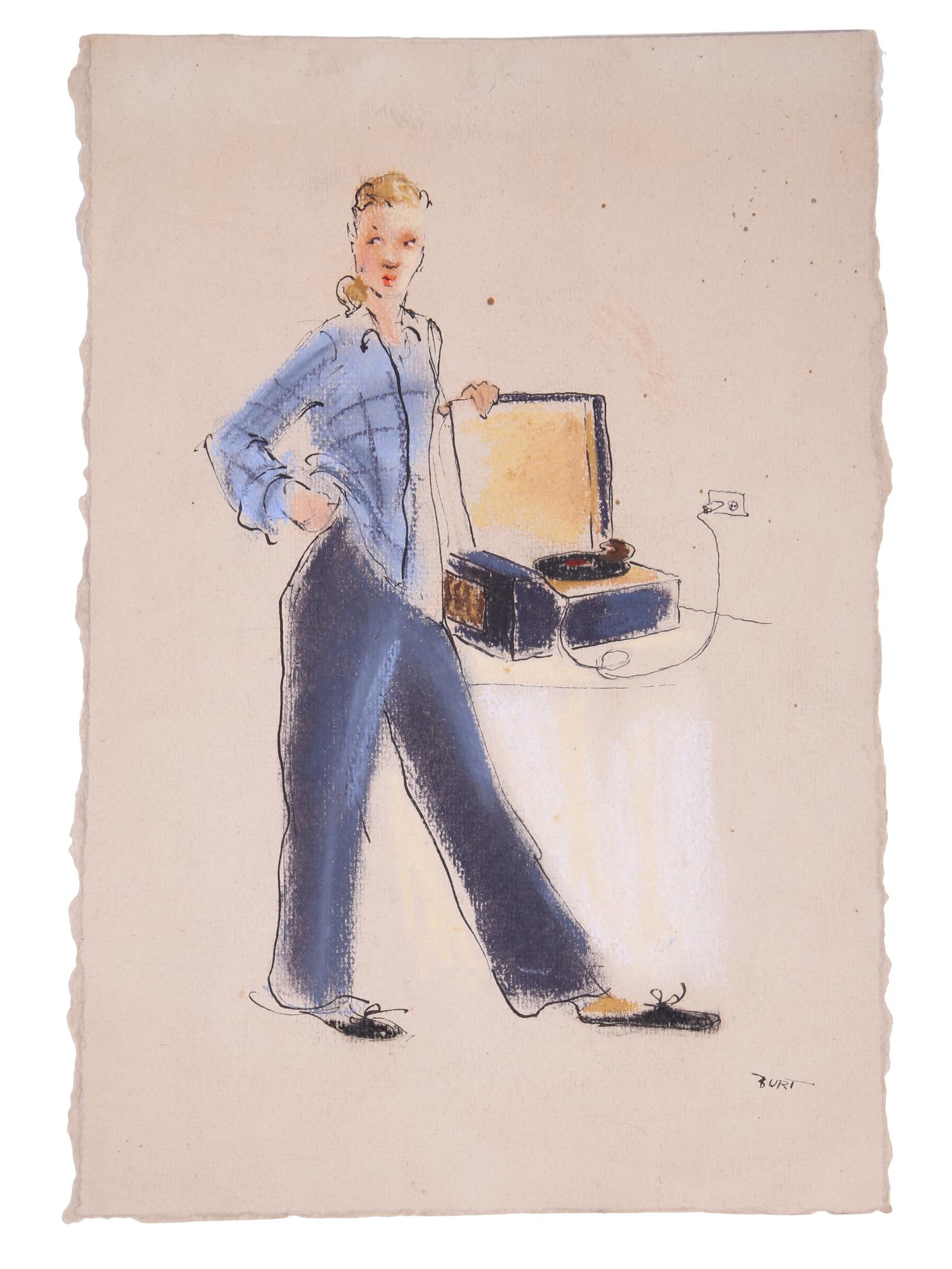 MID CENTURY INK AND PASTEL FASHION DRAWING SIGNED PIC-